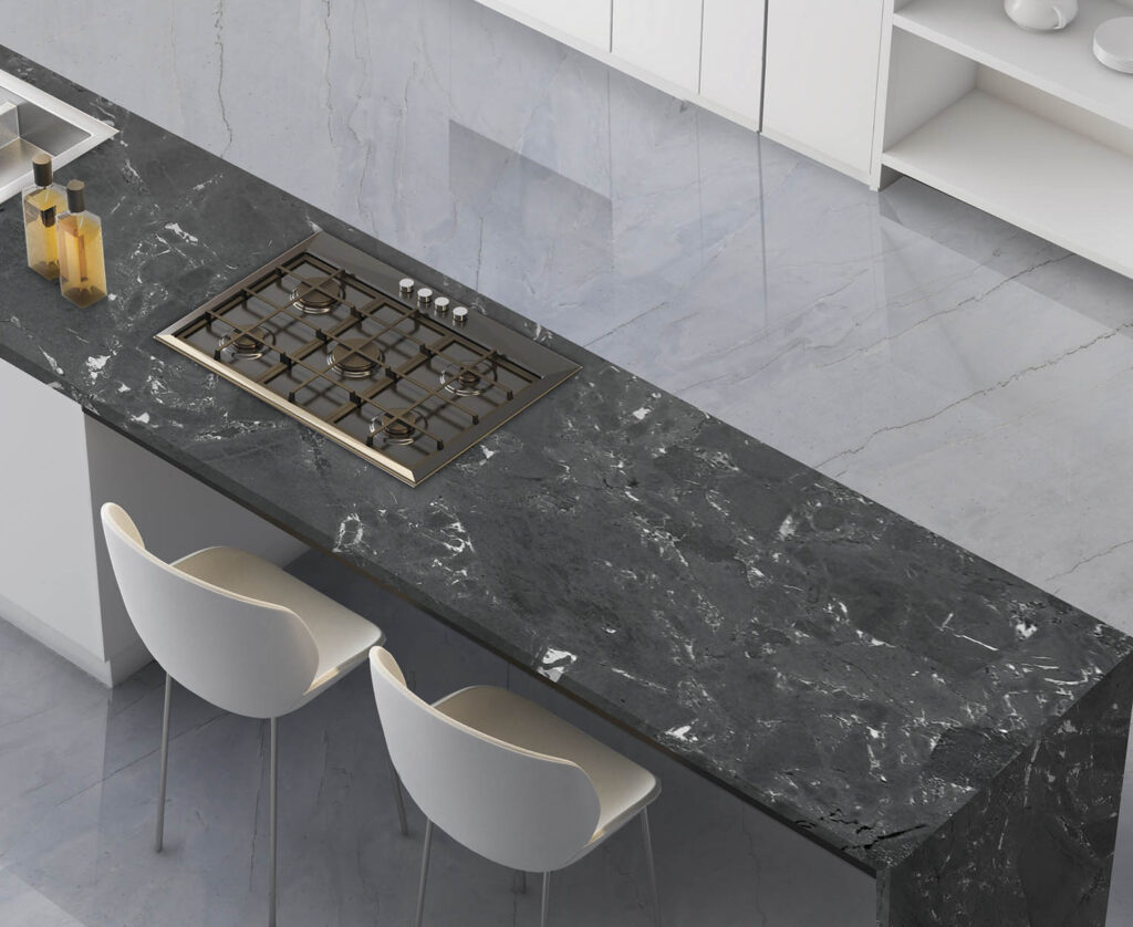 Top view of white kitchen with island